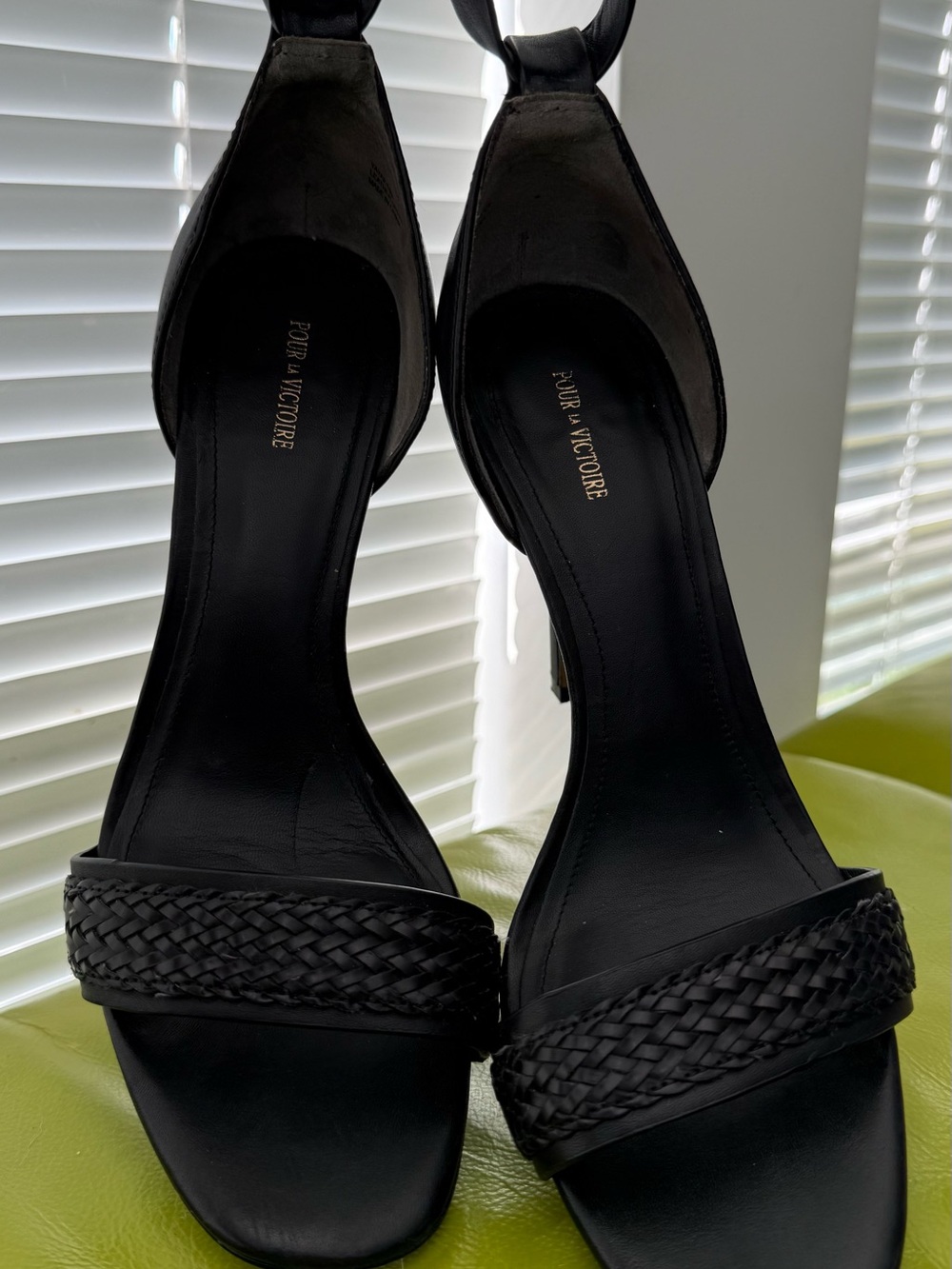 Pour La Victoire Black Braided-Strap Ankle-Heel Sandals